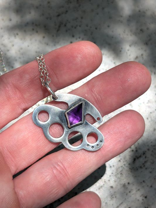 Mini silver knuckles pendant with amethyst