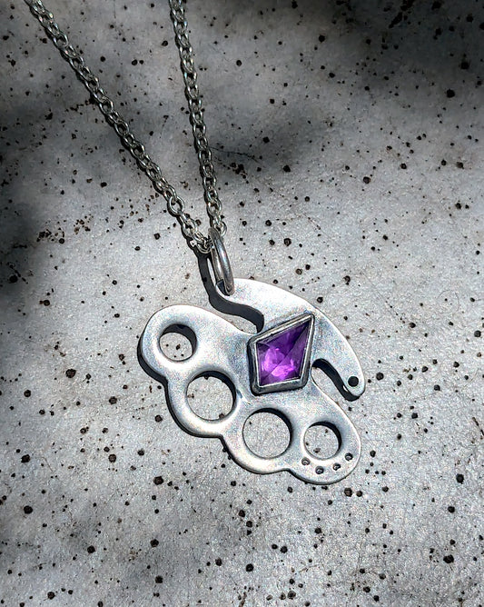 Mini silver knuckles pendant with amethyst