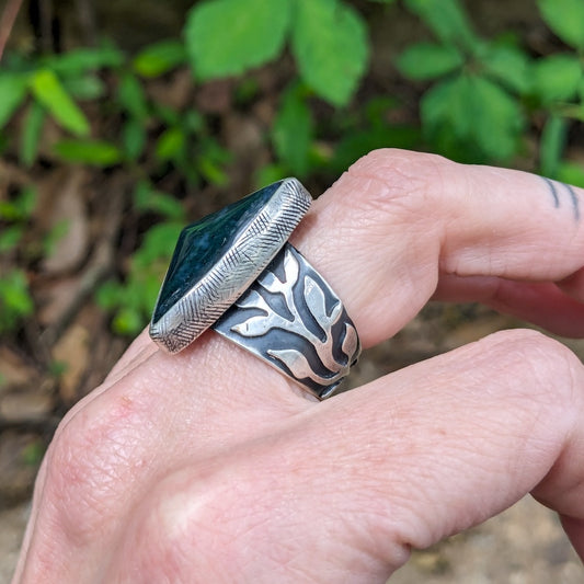 Moss Agate Triangle Ring
