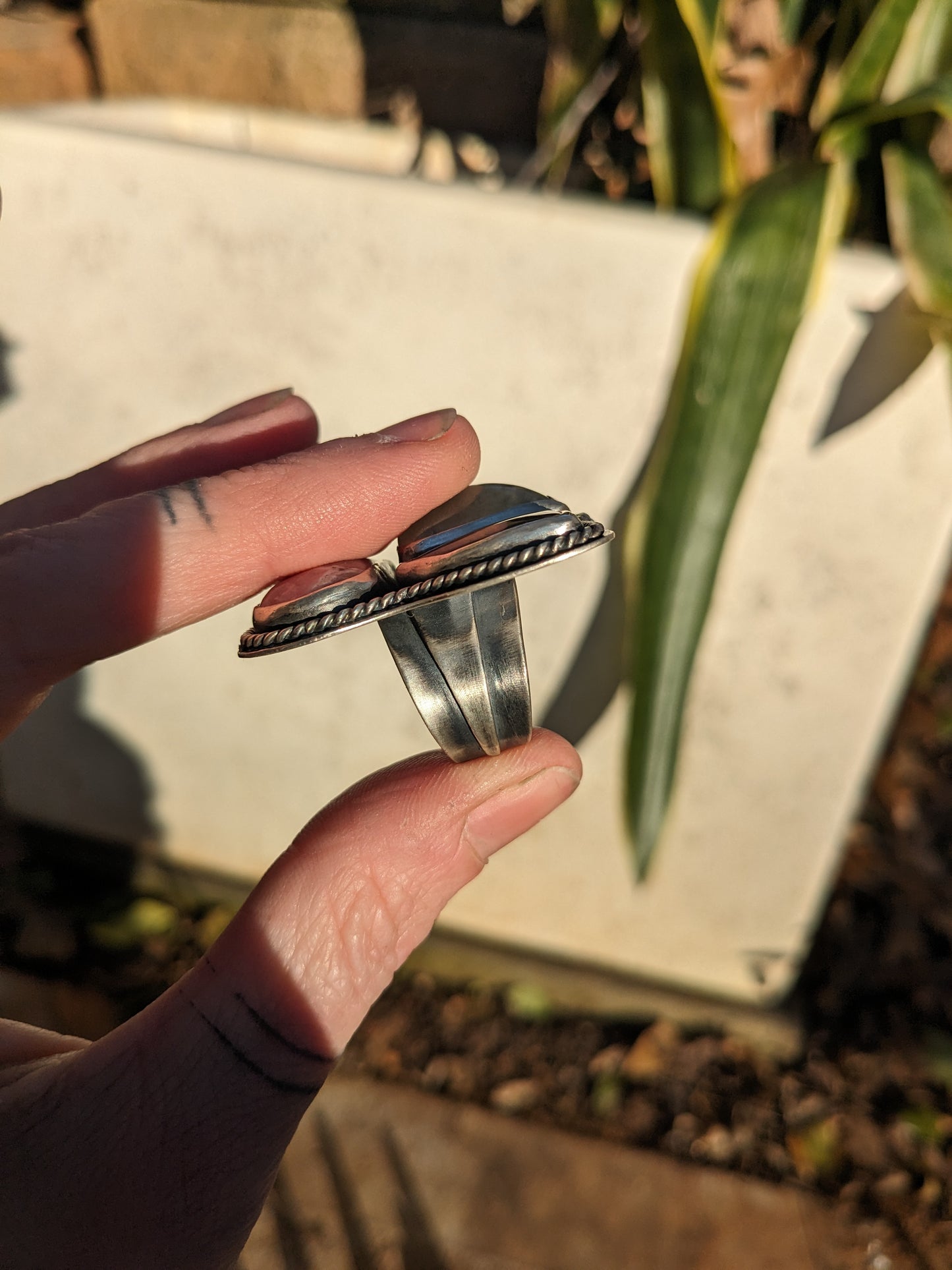 Rhodochrosite, prehnite, and hawks eye ring