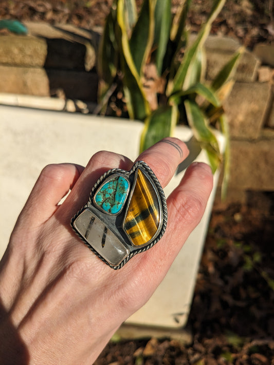 Tigers eye, turquoise, and rutilated quartz ring