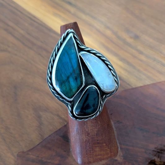 Labradorite, moonstone, and blue tigers eye ring