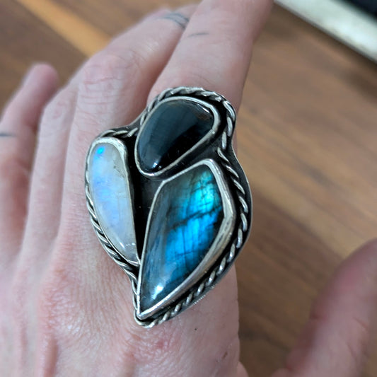 Labradorite, moonstone, and blue tigers eye ring